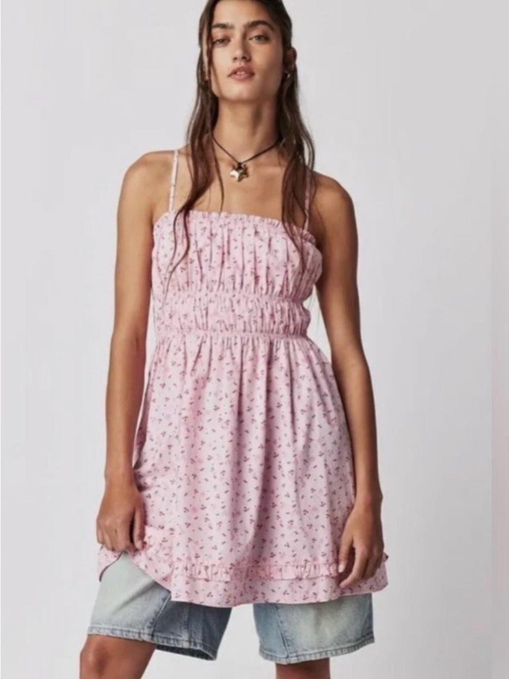 Free People Mini Gabby Dress Cherrie Print Pink Smocked Sundress